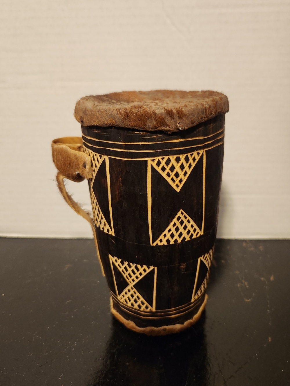 Vintage African Tribal Handcrafted Wood Animal Fur Tam Tam Drum